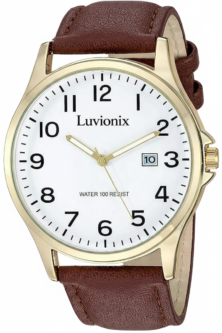Luvionix Classic Gold Tone White Dial Leather Strap Watch