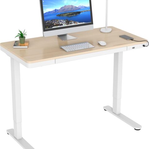 Mount-It! Electric Standing Desk – 47.2" Adjustable Height Sit-Stand Desk with USB Ports, Drawer, and Touch Controls – White Frame with Maple Top