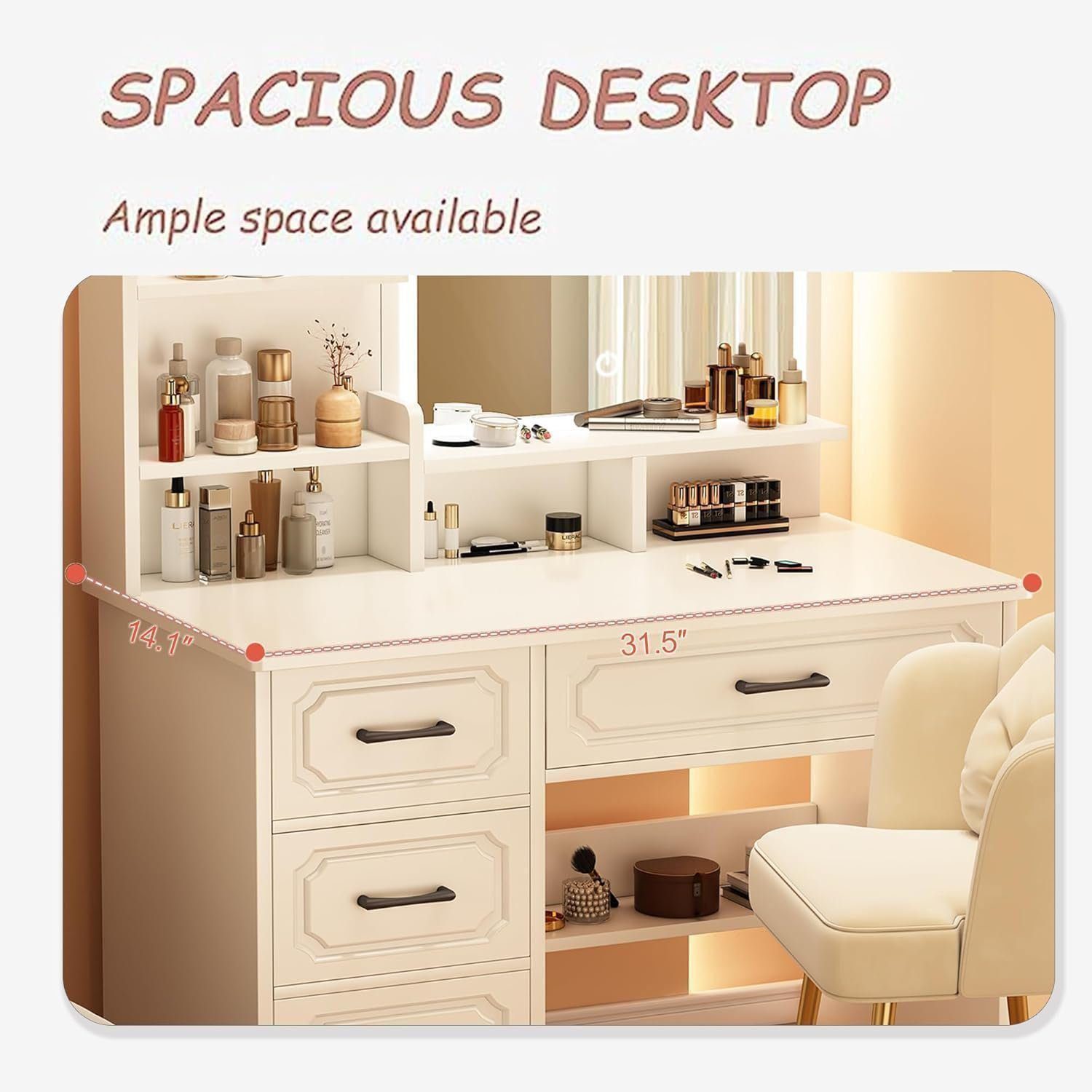 Beltenza Wooden Vanity Desk with Mirror and Lights for Girls - Image 4