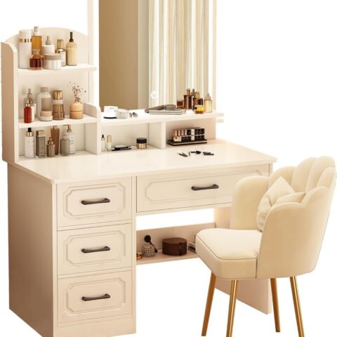 Beltenza Wooden Vanity Desk with Mirror and Lights for Girls