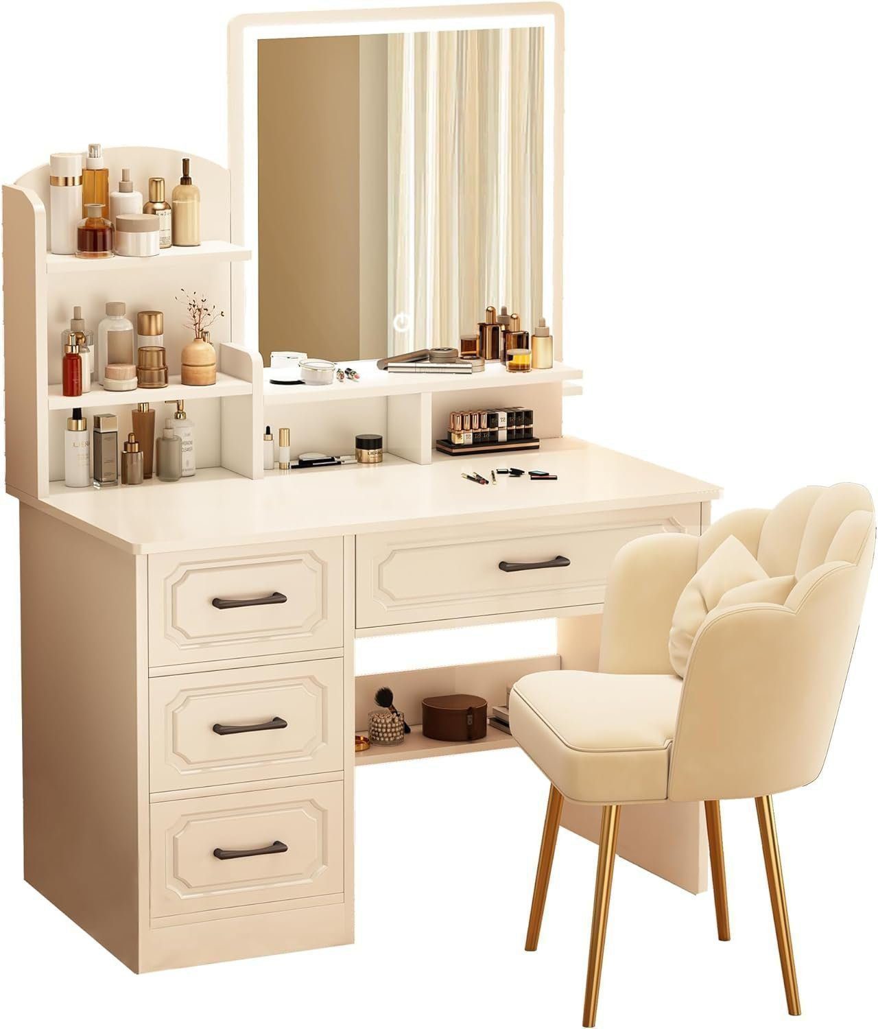 Beltenza Wooden Vanity Desk with Mirror and Lights for Girls
