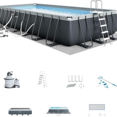 Intex 24ft x 12ft x 52in Rectangular XTR Frame Above Ground Pool Set with Sand Filter Pump, Ladder, Cover & Ground Cloth