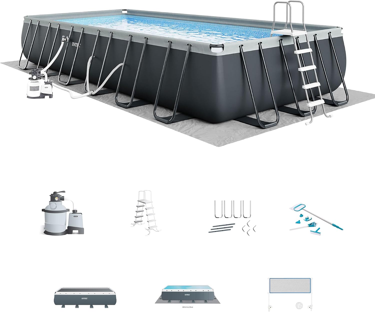 Intex 24ft x 12ft x 52in Rectangular XTR Frame Above Ground Pool Set with Sand Filter Pump, Ladder, Cover & Ground Cloth