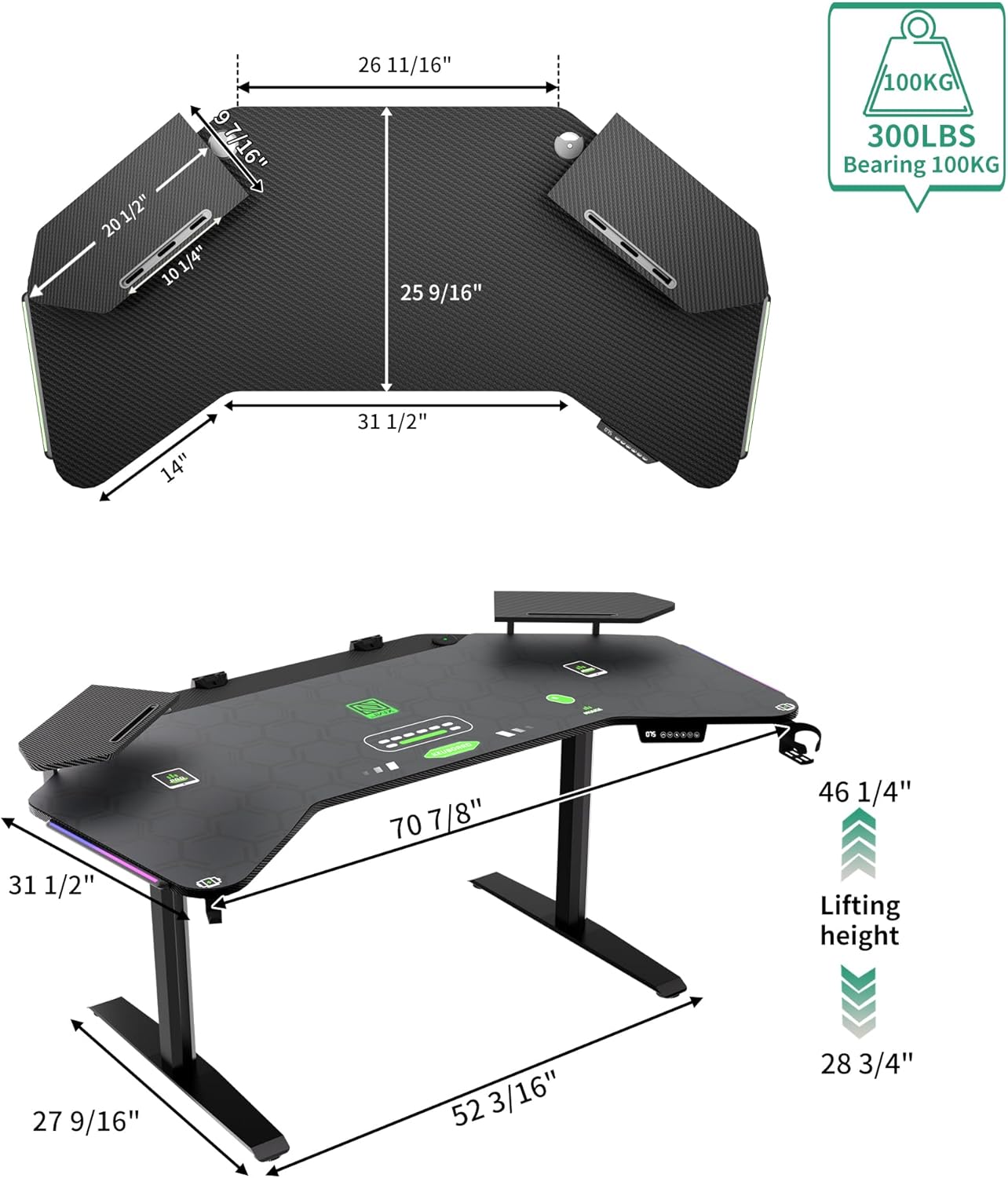 JWX 72" Dual Motor Electric Standing Gaming Desk – RGB LED, Wing-Shaped Workstation with Cable Management, Memory Settings & Accessories for Streamers & Creators - Image 2