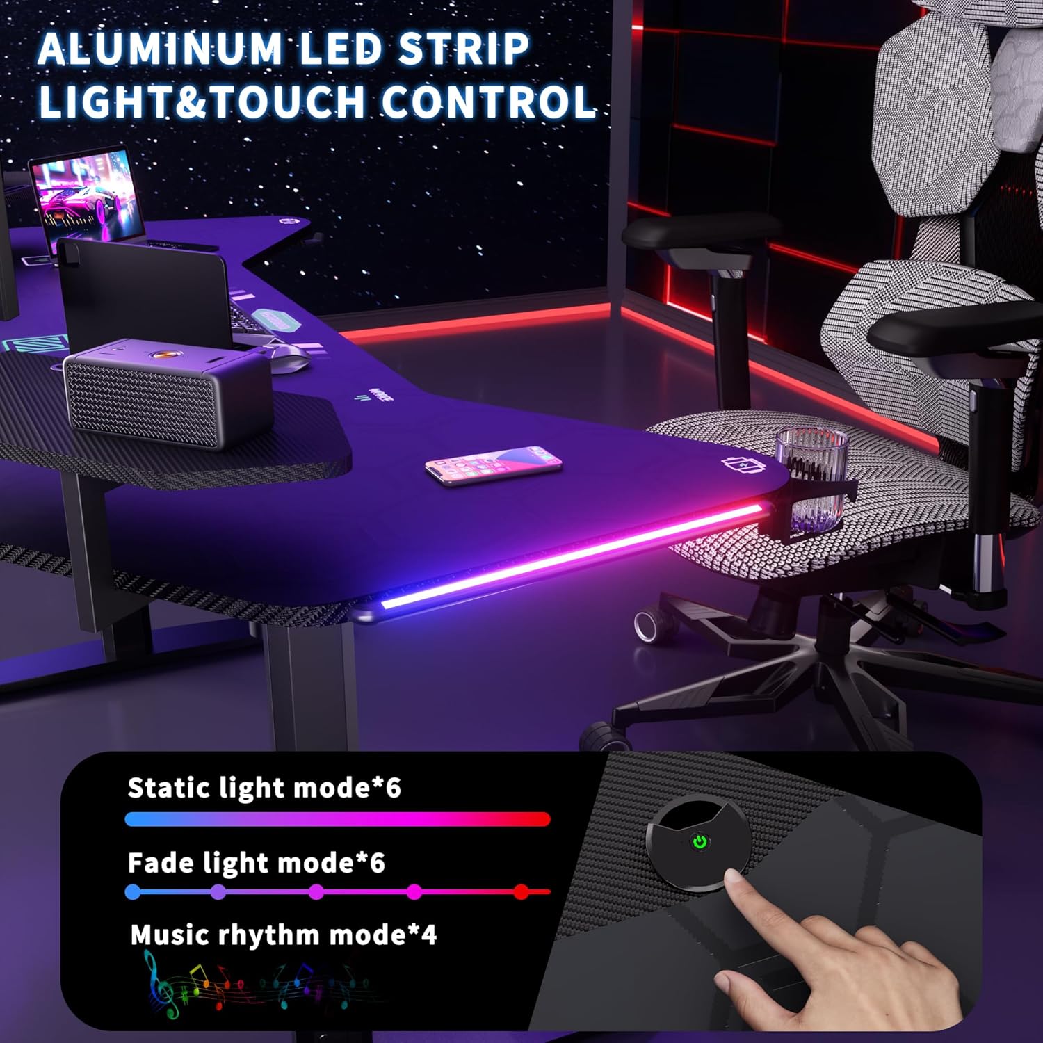 JWX 72" Dual Motor Electric Standing Gaming Desk – RGB LED, Wing-Shaped Workstation with Cable Management, Memory Settings & Accessories for Streamers & Creators - Image 7
