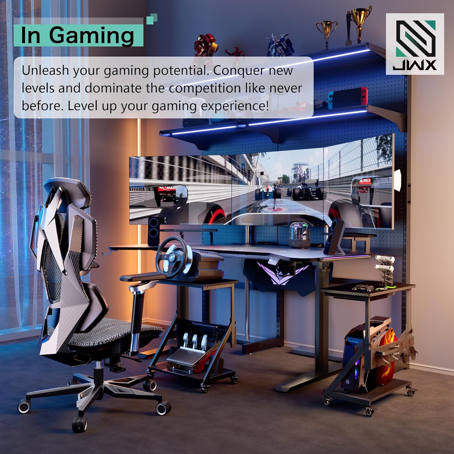 JWX 72" Dual Motor Electric Standing Gaming Desk – RGB LED, Wing-Shaped Workstation with Cable Management, Memory Settings & Accessories for Streamers & Creators - Image 3