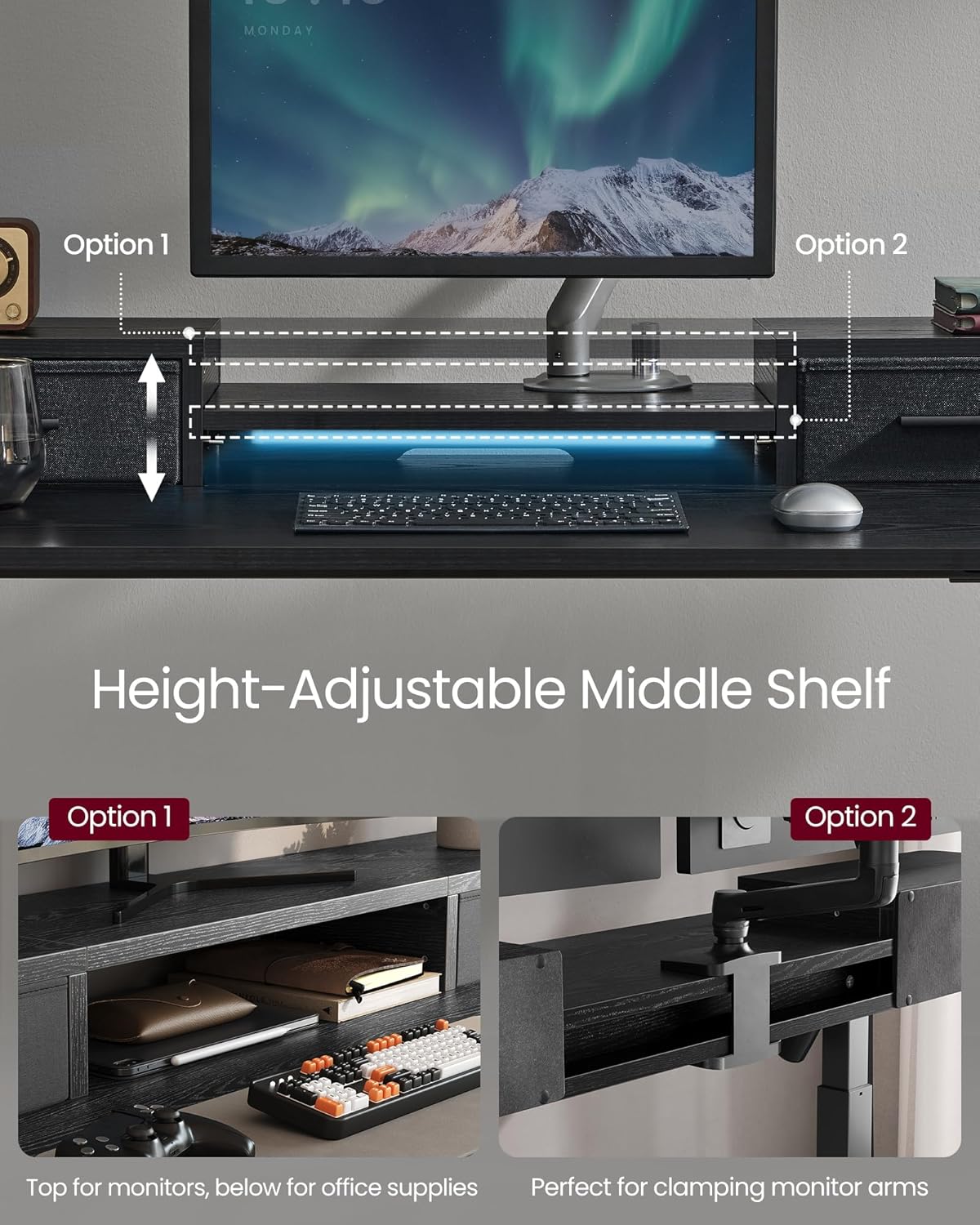 VASAGLE Electric Standing Desk – 47.2" Adjustable Sit-Stand Desk with LED Lights, Drawers, Power Outlets, and Memory Settings – Ink Black - Image 4