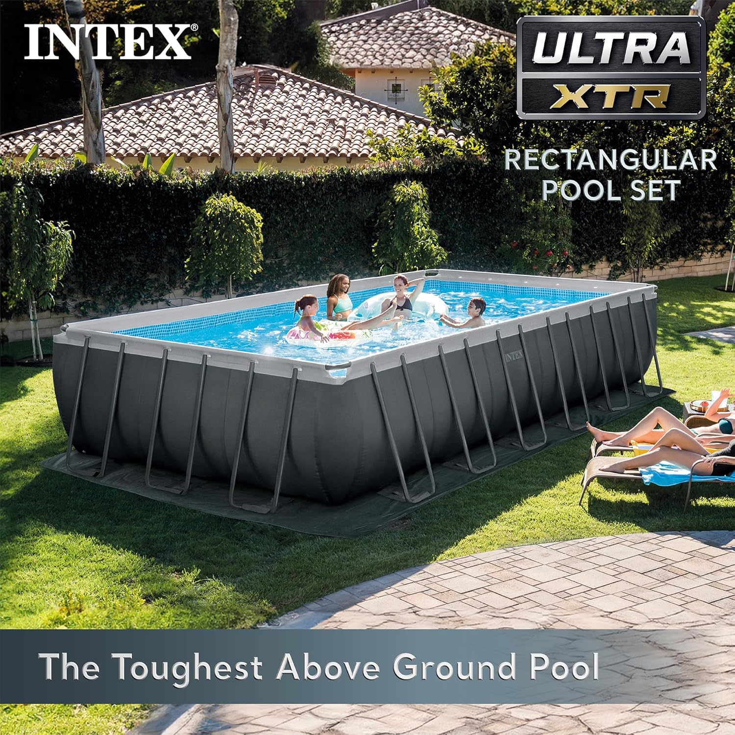 Intex 24ft x 12ft x 52in Rectangular XTR Frame Above Ground Pool Set with Sand Filter Pump, Ladder, Cover & Ground Cloth - Image 2