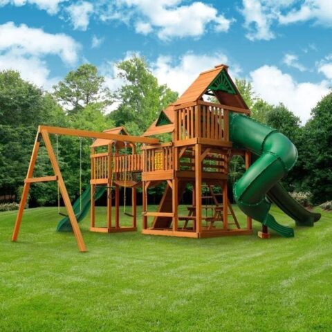 Wooden Outdoor Swing Set with Dual Slides and Swings