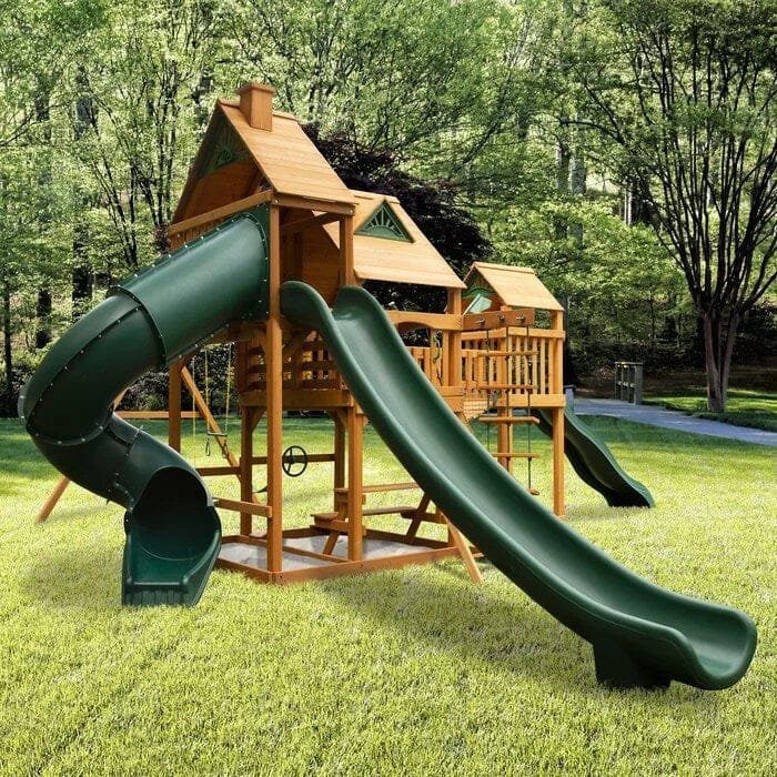 Wooden Outdoor Swing Set with Dual Slides and Swings - Image 3